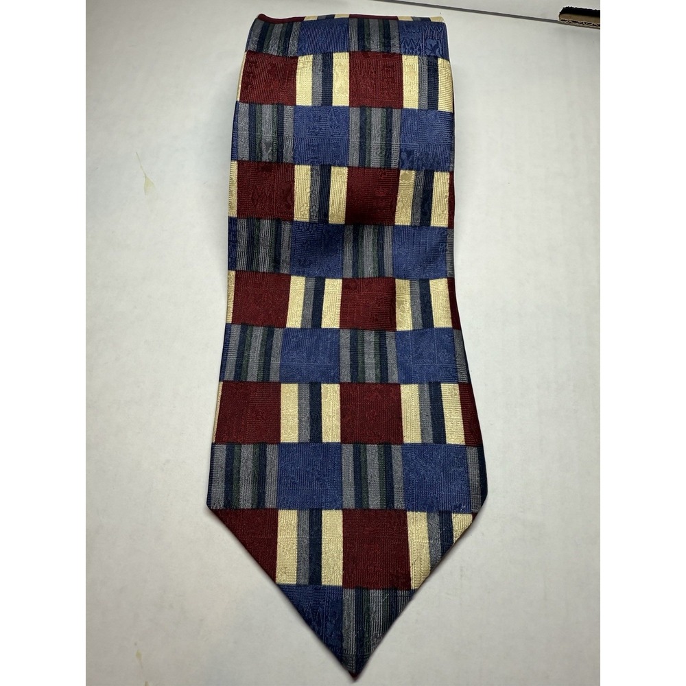VTG Nordstrom XMI Tie Silk Blue Red Geometric‎ Jacquard Handmade USA Corp Core